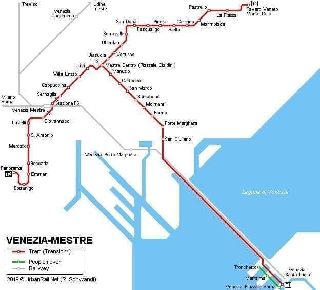 Mapa das estações ferroviárias de Veneza
