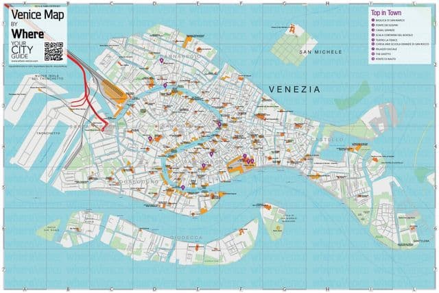 Mapa dos passeios a pé em Veneza